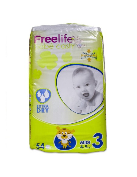 PAÑAL INFANTIL FREELIFE BEBECASH MIDI TALLA 3 54 UDS (4-9KG)