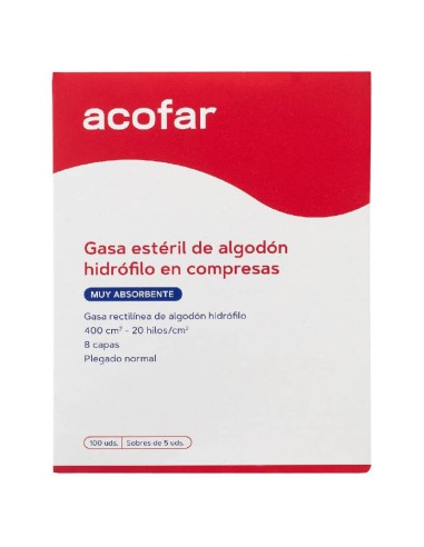 100 GASAS ESTÉRIL ALGODÓN HIDRÓFILO ACOFAR 20 SOBRES 5 UNIDADES